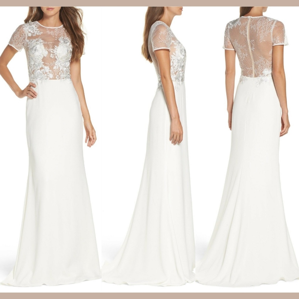 NWT $678 Tadashi Shoji Bridal Floral Mesh Top Trumpet Gown Ivory [SZ 6 ]‎